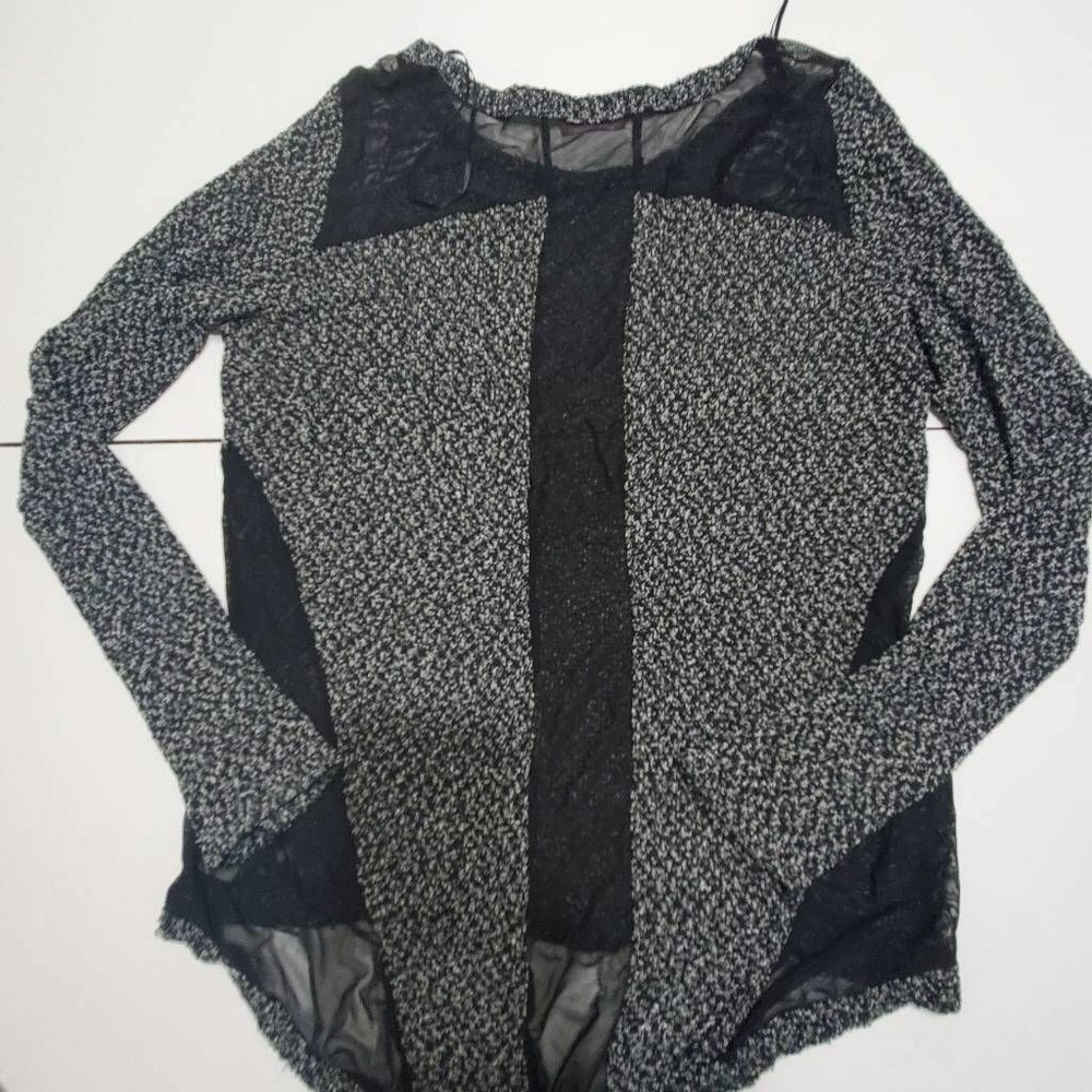 Shasa Womens Knit Blouse Black Gray Melange Long Sleeve Scoop Neck Mesh Panel L